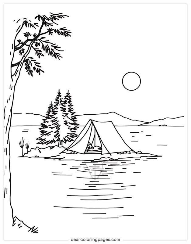 Camping Ausmalbild - Gemütliches Zelt am See