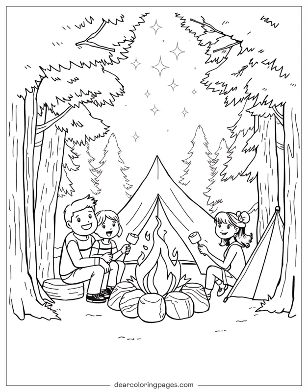 Camping Ausmalbild - Familie um ein Lagerfeuer