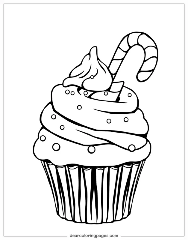 Cake Coloring Page - Cupcake With Candy Cane
