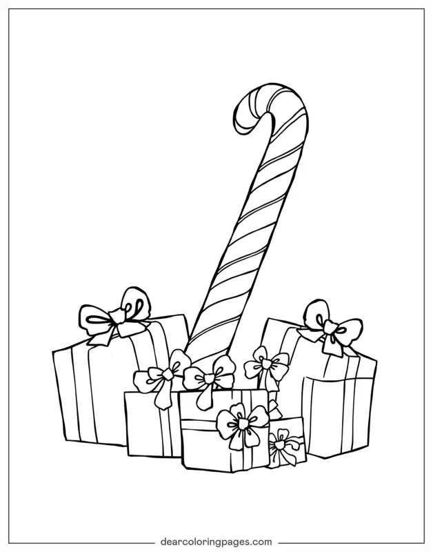 Bastón de Caramelo Dibujo para Colorear - Bastón de caramelo con regalos