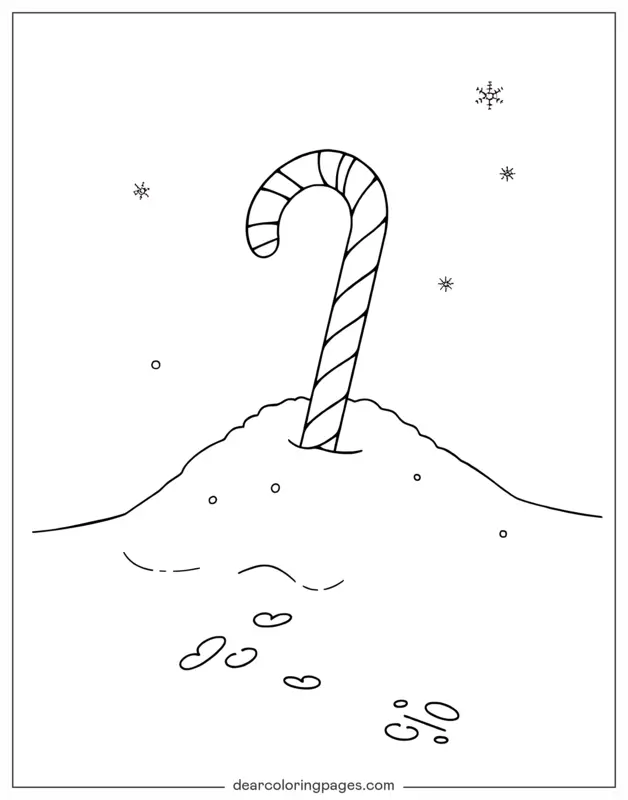 Bastón de Caramelo Dibujo para Colorear - Bastón de caramelo sobre nieve
