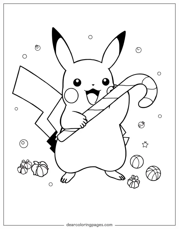 Pikachu Dibujo para Colorear - Pikachu sosteniendo un bastón de caramelo