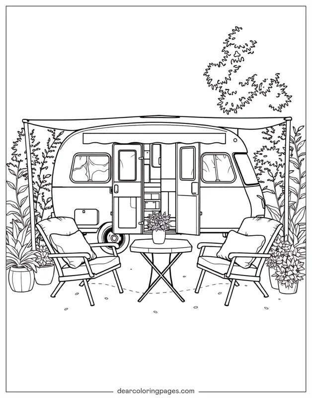 Car Coloring Page - Cozy Camper Retreat
