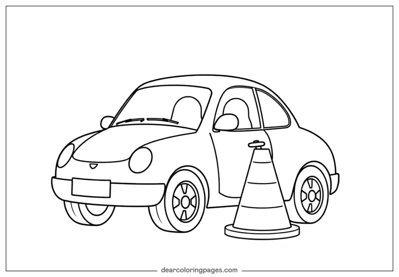 Car Coloring Page - Car and Traffic Cone