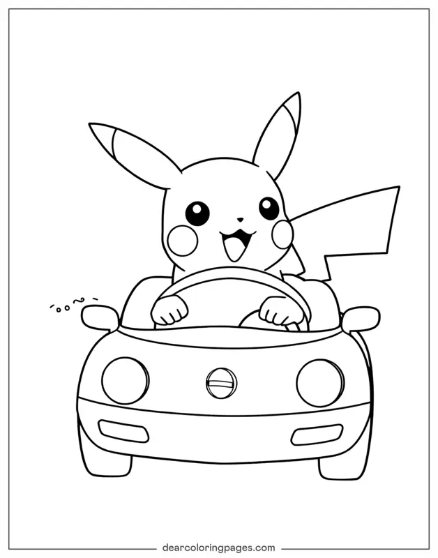 Pikachu Dibujo para Colorear - Pikachu en un coche