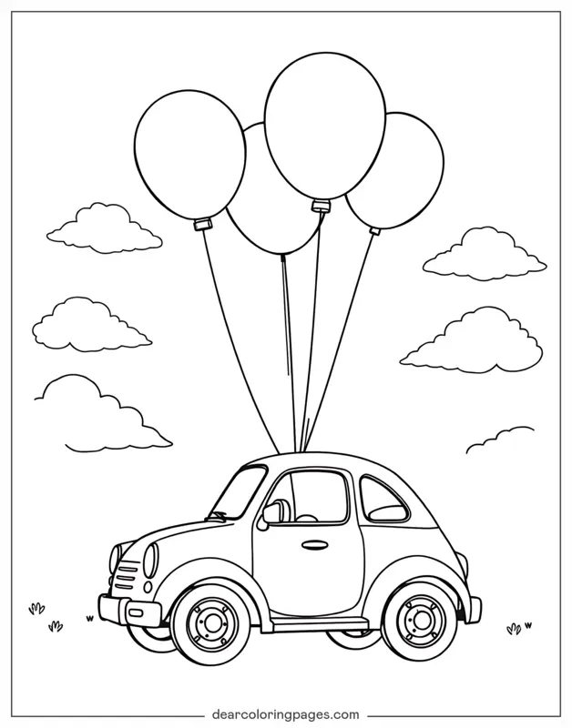 Car Coloring Page - Flying Car With Balloons