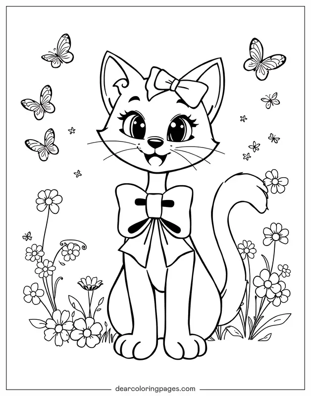 Katze Ausmalbild - Ausmalbild: Cartoon-Katze mit Schleife