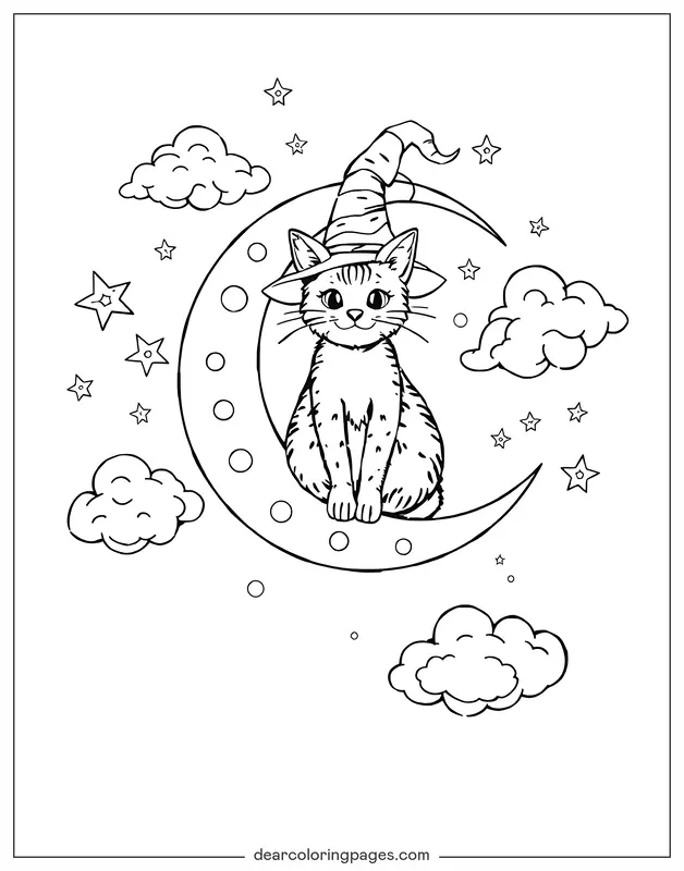 Katze Ausmalbild - Katze mit Hexenhut