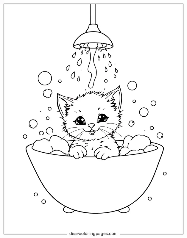 Katze Ausmalbild - Kätzchen, das im Badewanne splasht