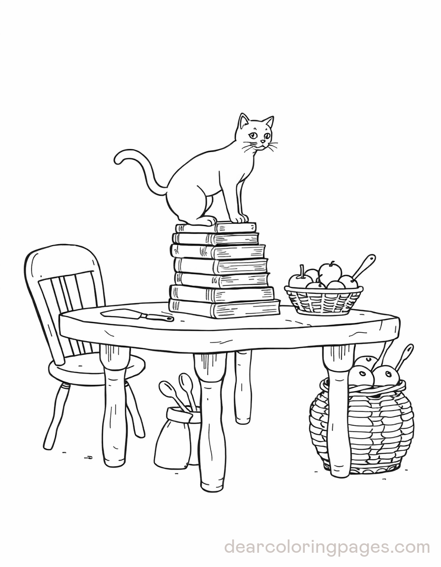 Kitchen Coloring Page - Cat on Table