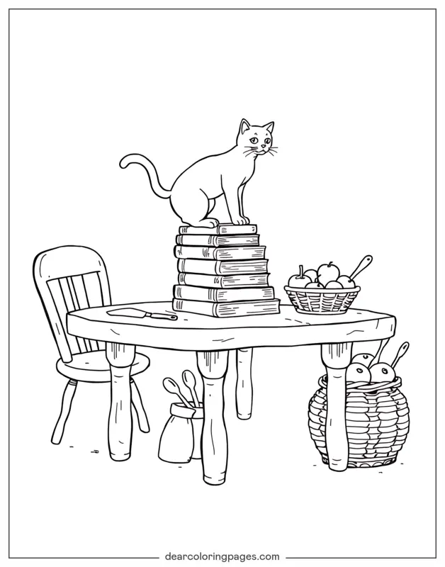 Katze Ausmalbild - Katze auf dem Tisch
