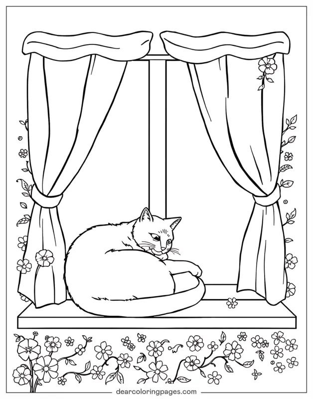 Katze Ausmalbild - Katze auf dem Fensterbrett