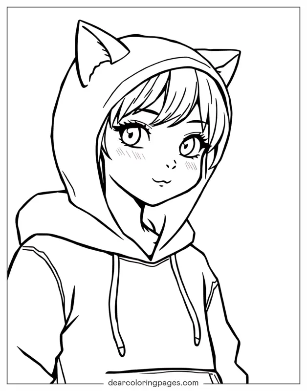 Katze Ausmalbild - Mädchen mit Katzen-Hoodie