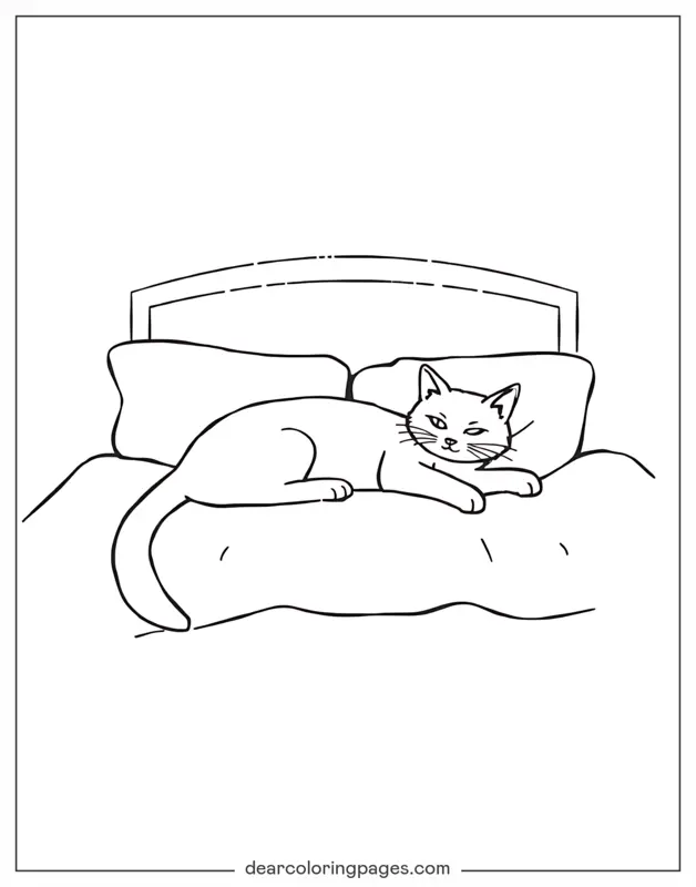 Katze Ausmalbild - Katze, die sich auf dem Bett ausstreckt