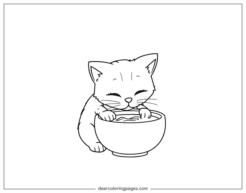 Katze Ausmalbild - Kätzchen trinkt aus der Schüssel
