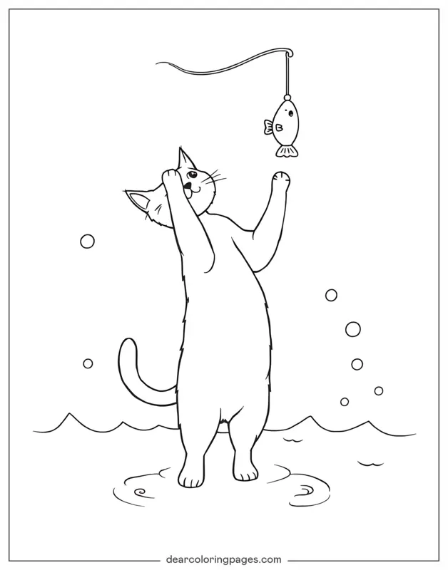 Katze Ausmalbild - Katze, die nach einem baumelnden Fischspielzeug greift