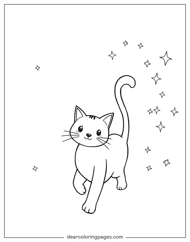 Katze Ausmalbild - Verspielt Katze mit funkelnden Sternen im Hintergrund