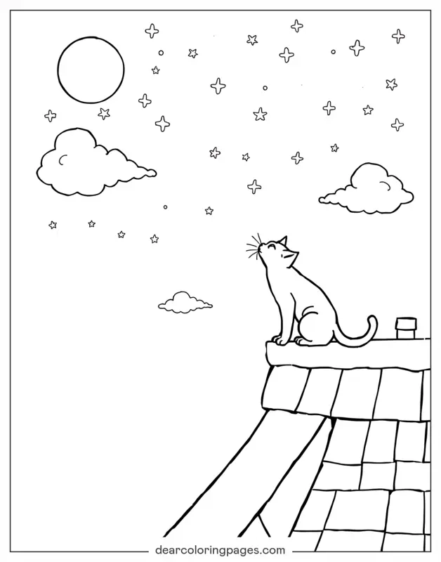 Katze Ausmalbild - Katzens Blick von der Dachterrasse im Mondlicht