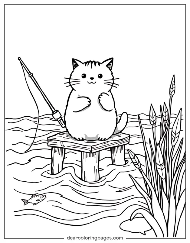 Katze Ausmalbild - Katze angeln auf einem Holzsteg