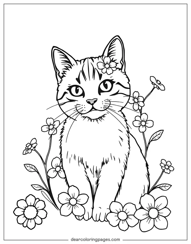 Katze Ausmalbild - Katze mit Blumen