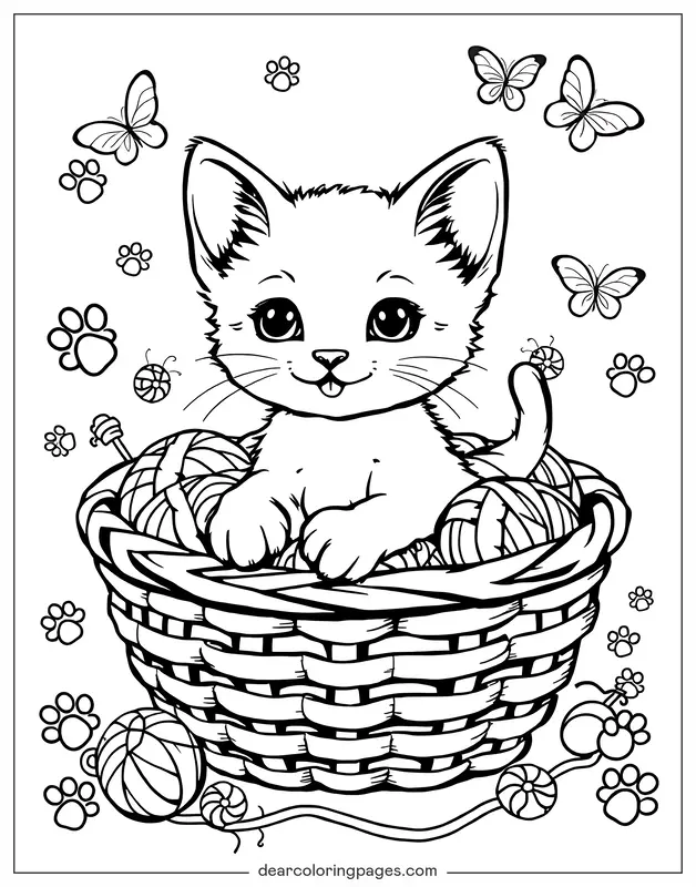Katze Ausmalbild - Kätzchen im Korb Ausmalbild