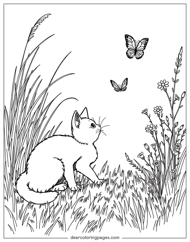 Katze Ausmalbild - Katze fängt Schmetterling