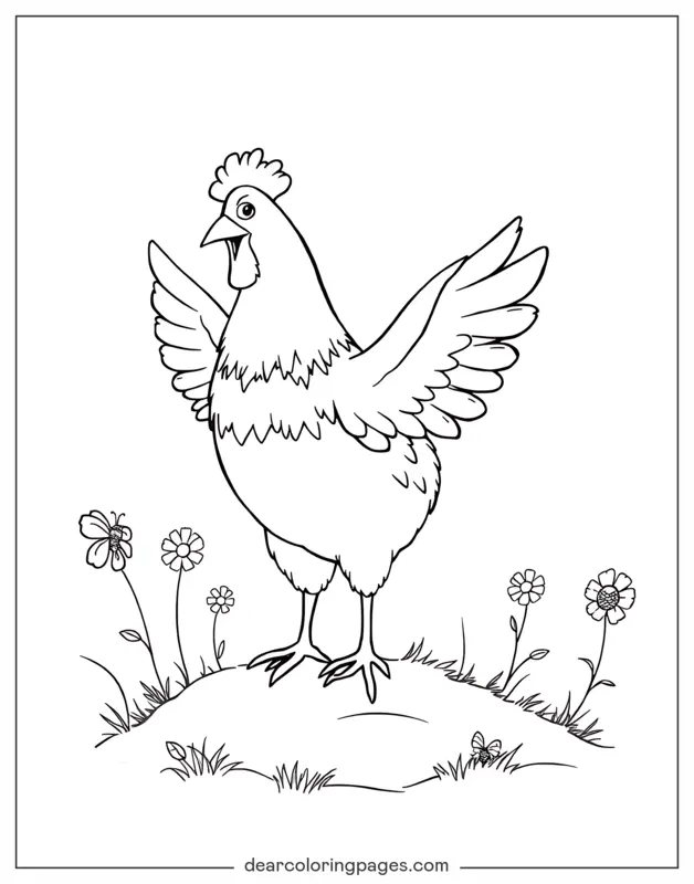 Coloriage de Poulet – Poulet battant des ailes