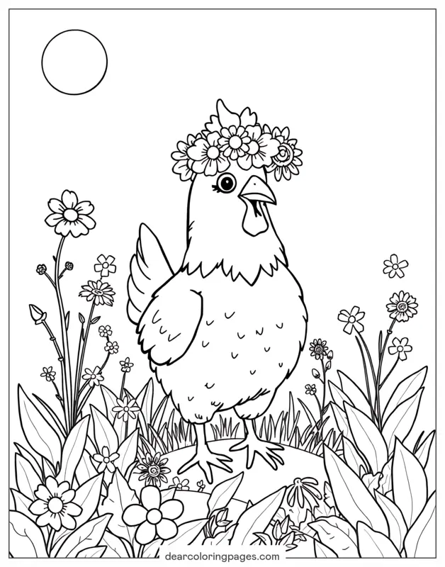 Coloriage de Poulet – Poulet avec une couronne de fleurs