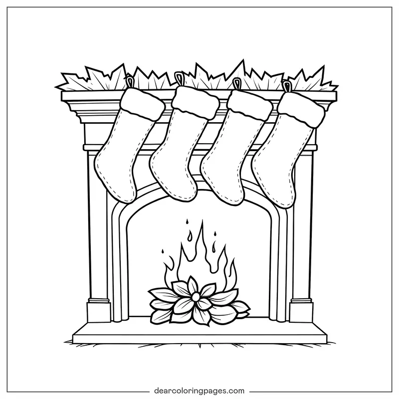 Navidad Dibujo para Colorear - Calcetines de Navidad junto a la Chimenea