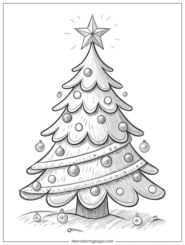 Invierno Dibujo para Colorear - Dibujo para Colorear de Árbol de Navidad con Estrella en la Cima