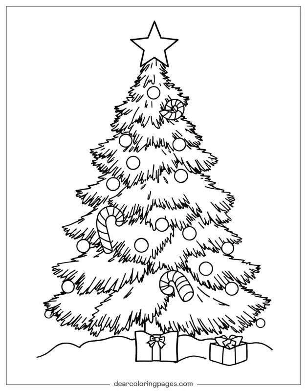 Árbol de Navidad Dibujo para Colorear - Árbol de Navidad con bastones de caramelo y regalos