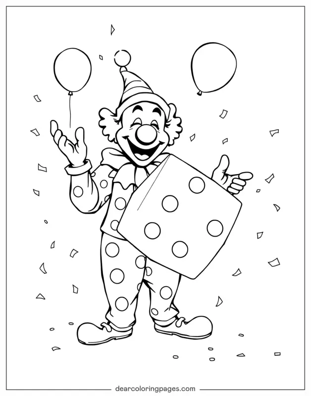 Clown mit einem Plüschwürfel