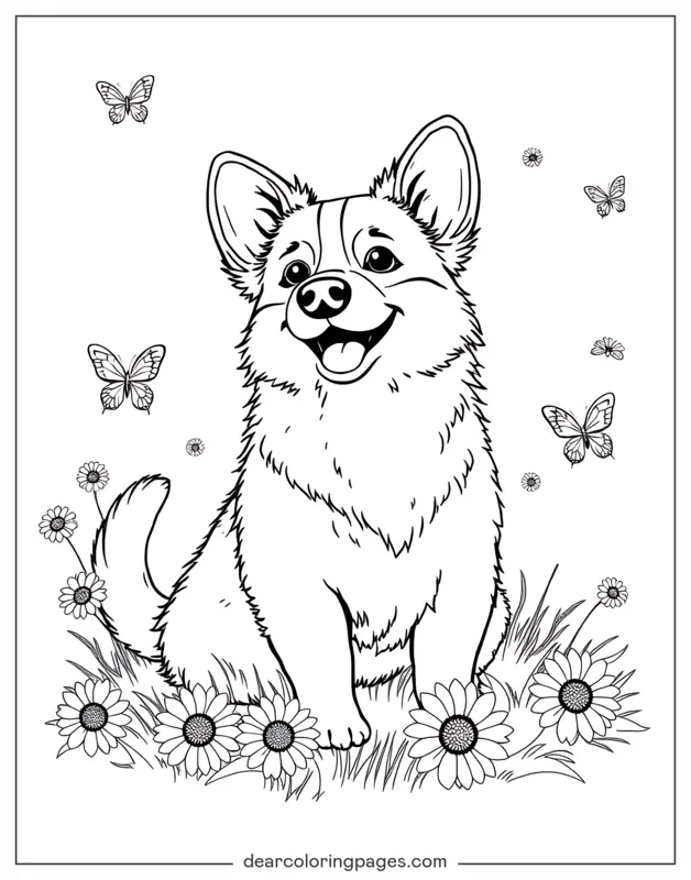 Corgi Disegno da Colorare - Corgi sull'erba