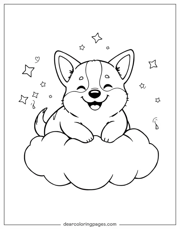 Corgi Disegno da Colorare - Corgi felice sulla nuvola
