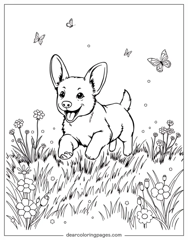 Corgi Disegno da Colorare - Corgi che corre attraverso un campo di erba