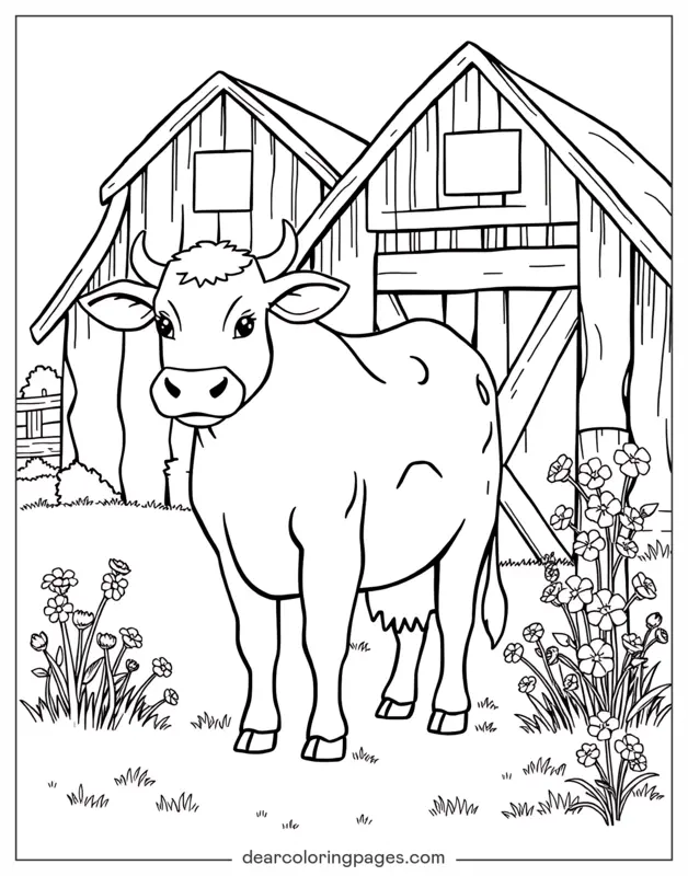 Coloriage de Vache – Vache devant la grange