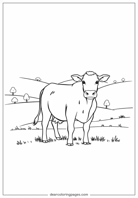 Coloriage de Vache – Vache laitière dans pré vallonné
