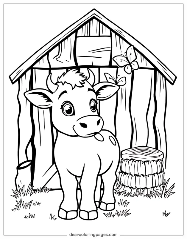 Coloriage de Vache – Vache debout près d'une grange