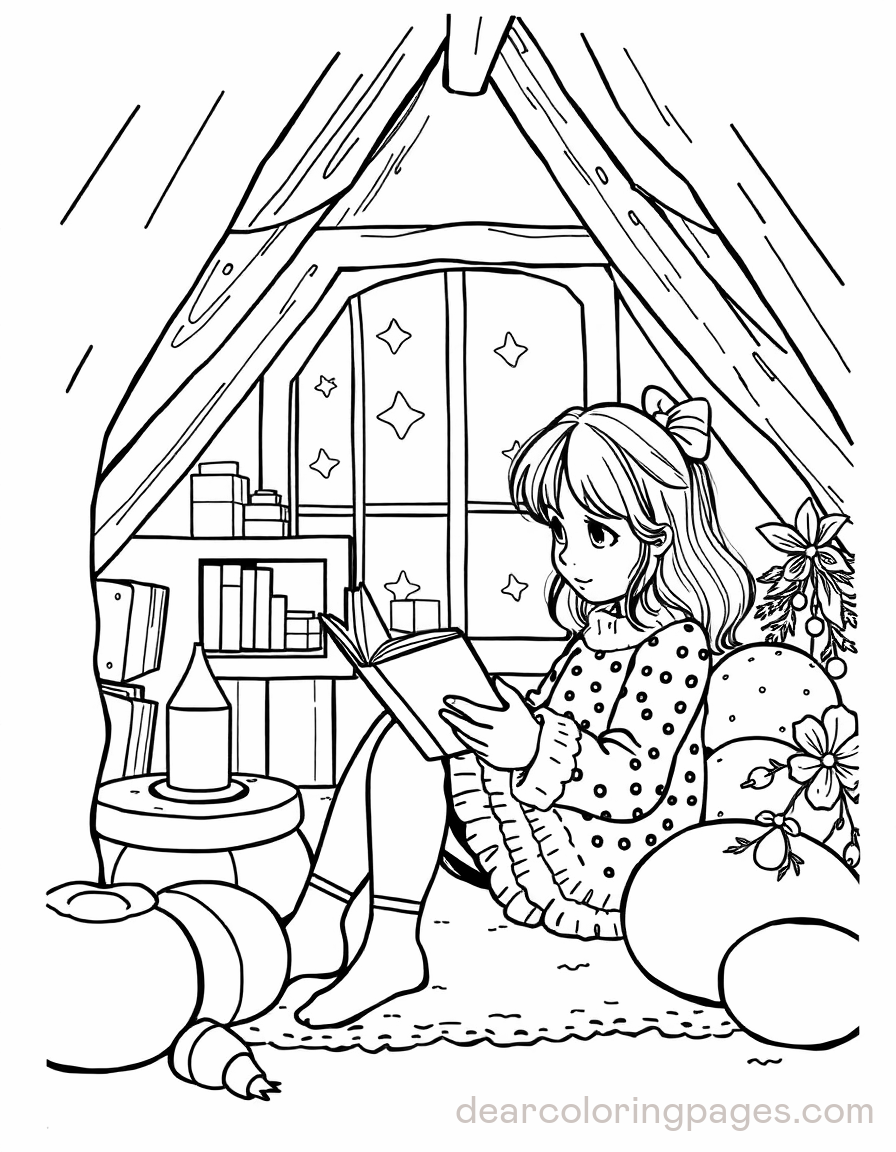 Cozy Coloring Page - Girl Reading in the Attic