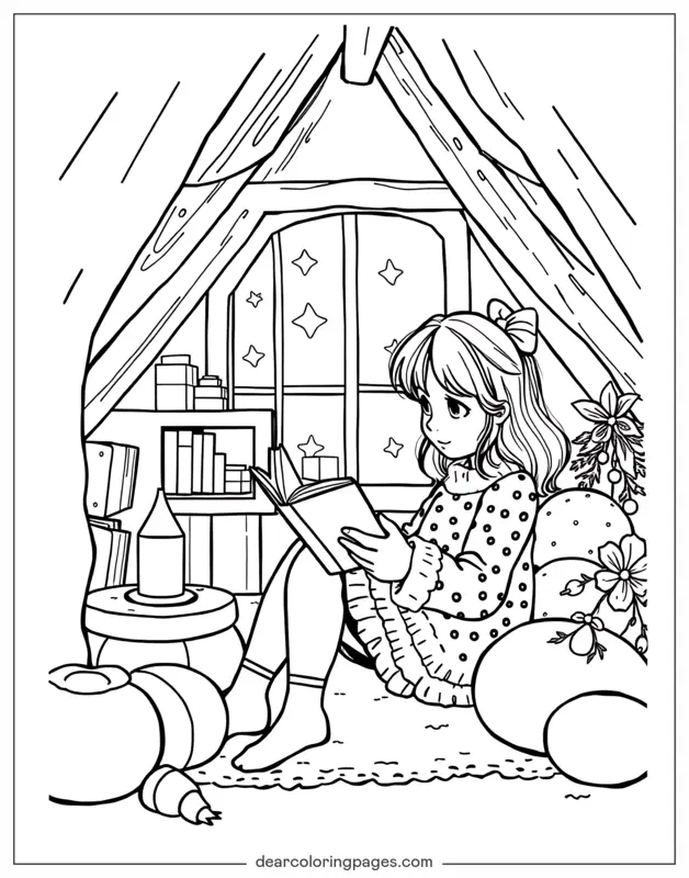 Coloriage de Cocooning – Fille lisant dans le grenier