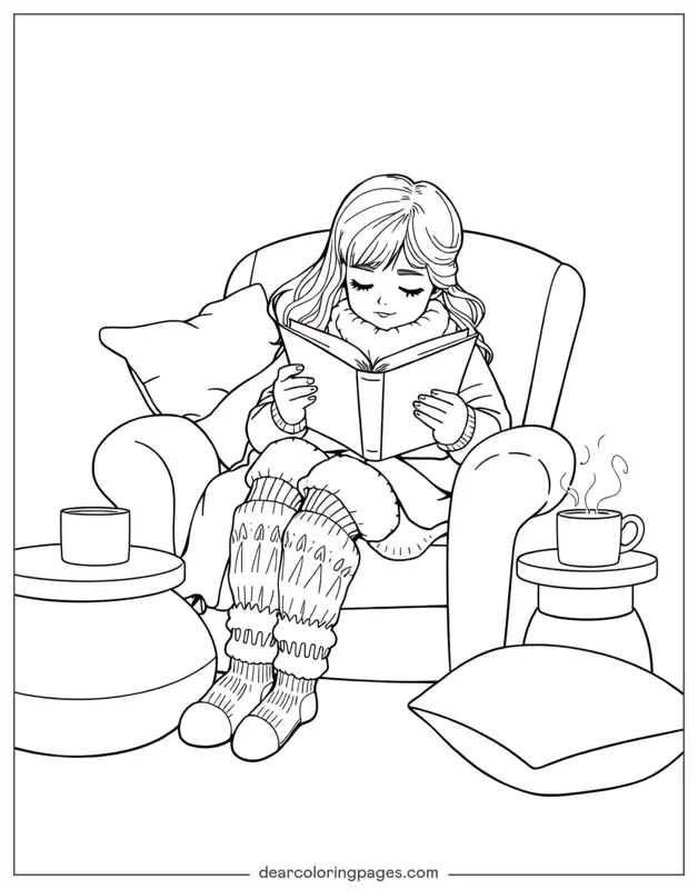 Coloriage de Cocooning – Journée de lecture chaleureuse
