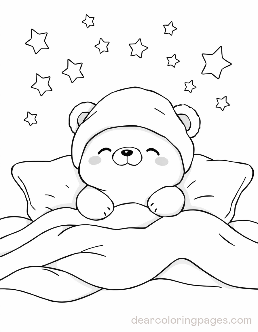 Cozy Coloring Page - Cute Bear on a Fluffy Bed