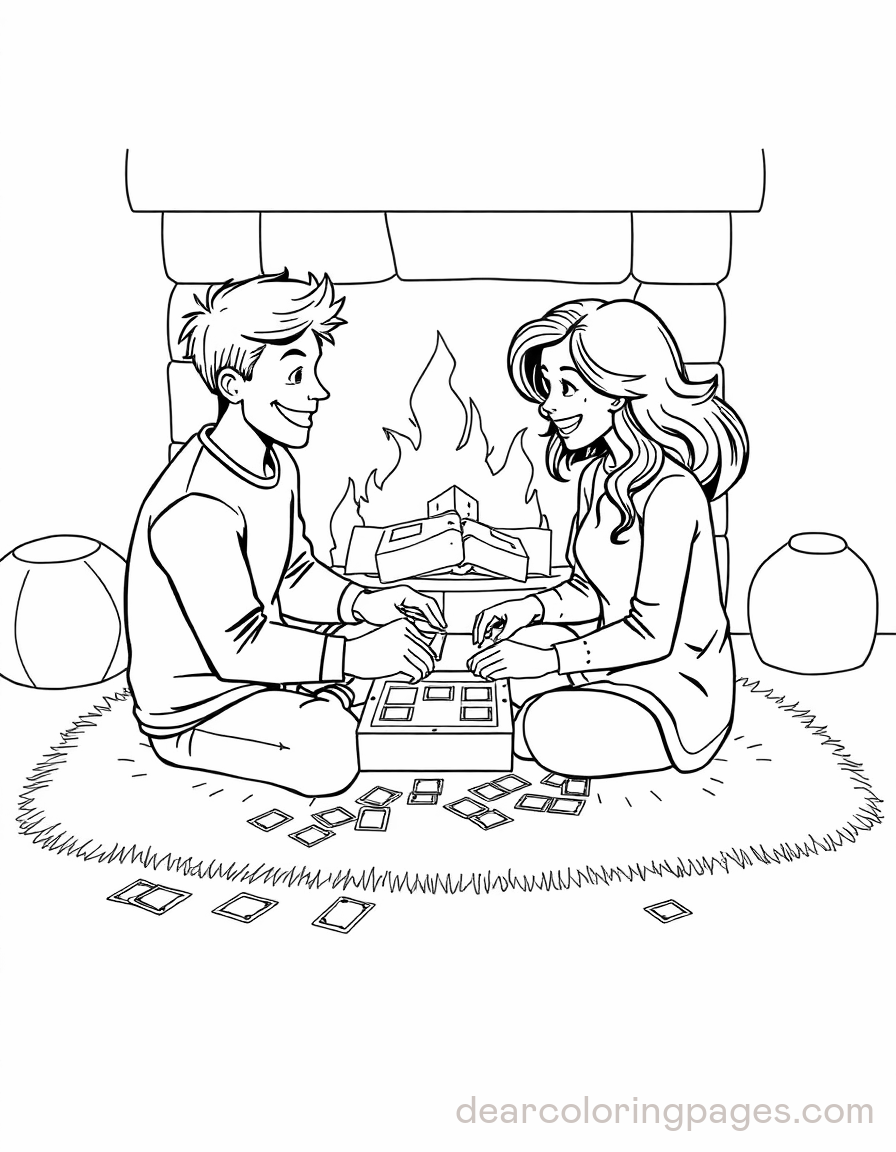 Cozy Coloring Page - Couple Playing Board Game