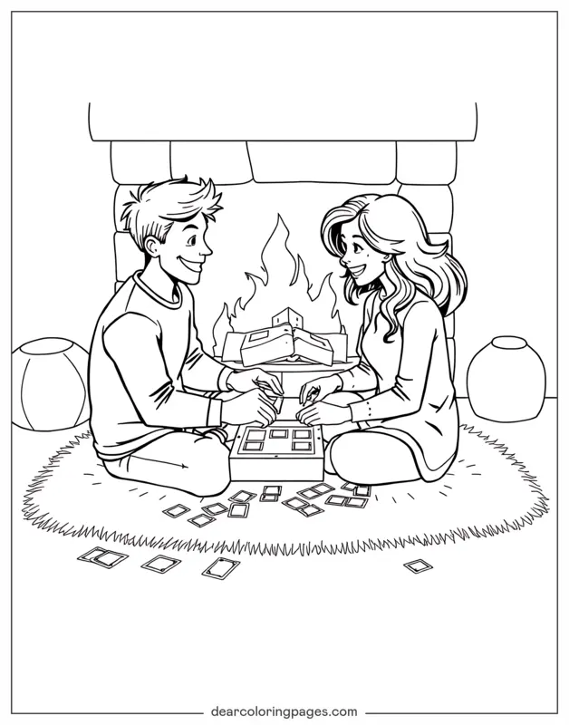 Coloriage de Cocooning – Couple jouant à un jeu de société