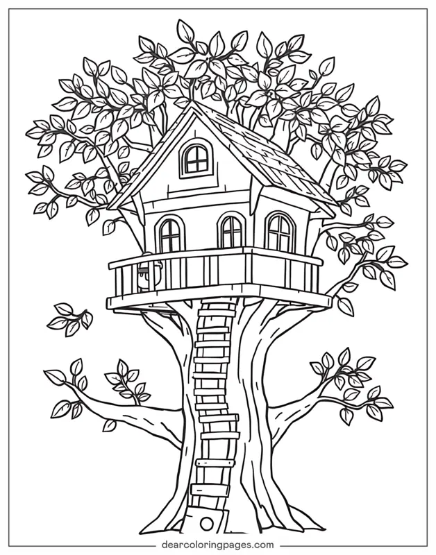 Coloriage de Cocooning – Cabane douillette dans les arbres