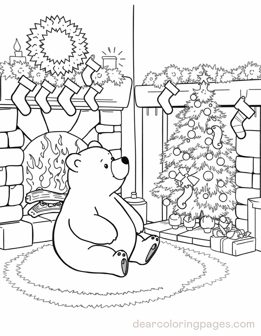 Cozy Coloring Page - Cozy Bear by Fireplace