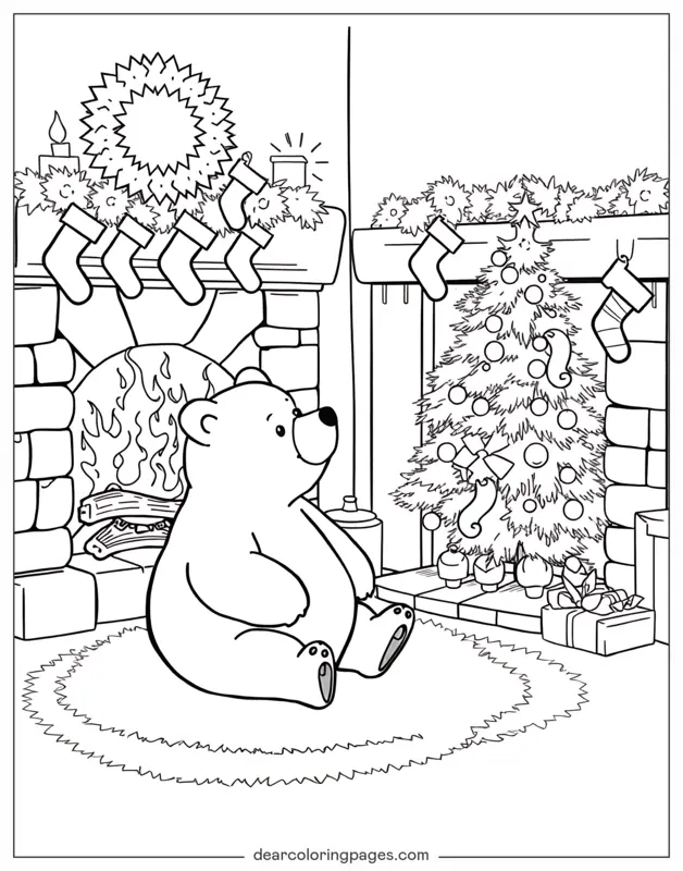 Coloriage de Cocooning – Ours douillet près de la cheminée