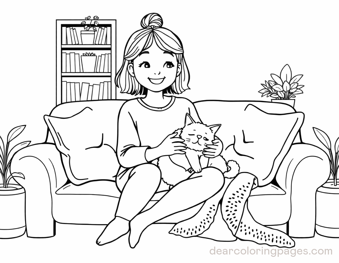 Cozy Coloring Page - Cozy with Cat