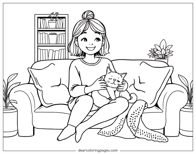 Coloriage de Cocooning – Douillet avec un chat
