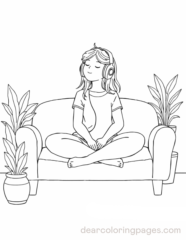 Cozy Coloring Page - Relaxed Girl Wearing Headphones on Couch